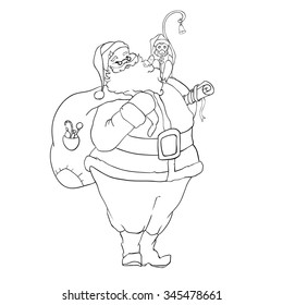 Santa Claus carrying a gift sack with Christmas elf-monkey.Vector illustration.Coloring book.
