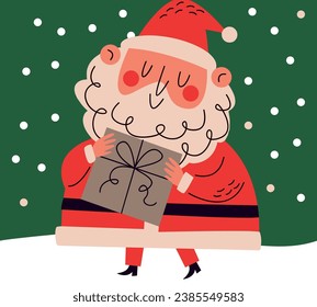 Santa Claus carrying gift. Snowy christmas tree background. Vector illustration. SHOTLISTgifting.