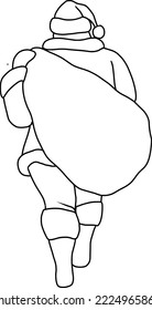 Santa Claus carrying gifts, back view, vector illustration, isolated line art