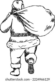 Santa Claus carrying gifts, back view, vector illustration sketch, isolated line art