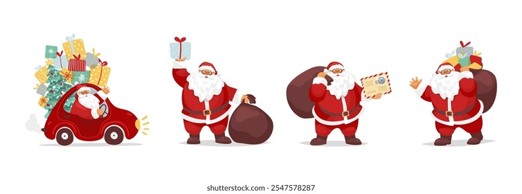 Santa Claus carrying gifts in car, Santa carrying sack with presents and Christmas tree, set of winter stickers, flat cartoon vector illustration.