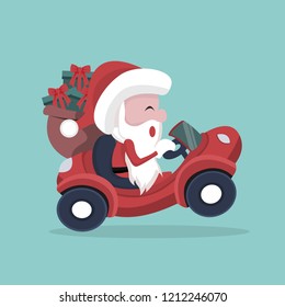 Santa Claus carrying gifts in his car