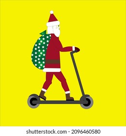 Santa Claus is carrying gifts on an electric scooter