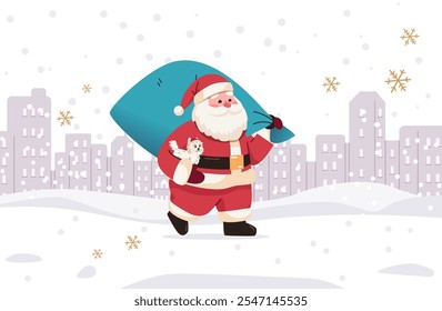 Santa Claus carrying gifts in snowy cityscape festive winter scene with dog snowflakes and buildings holiday celebration concept