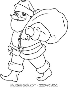 Santa Claus carrying Gifts, vector illustration, isolated line art