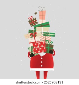 Santa Claus carrying a lot of gifts. Vector illustration