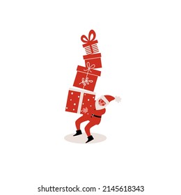 Santa Claus carrying heavy gift boxes. Vector Christmas illustration
