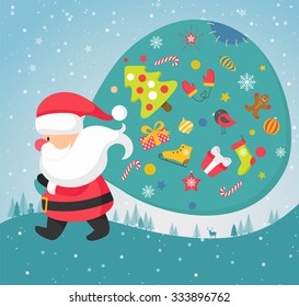 Santa Claus Carrying his Sack. Greeting Card. Vector Illustration