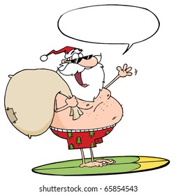 Santa Claus Carrying His Sack While Surfing With Speech Bubble