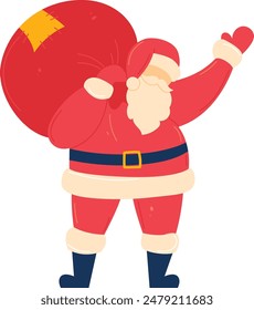 Santa Claus carrying large red sack cheerful holiday isolated white background. Jolly Santa waving red mitten festive Christmas scene art design. Claus classic costume holiday character