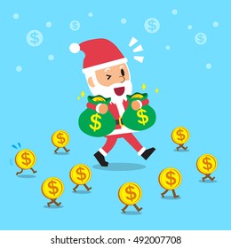 Santa claus carrying money bags and walking with money coins