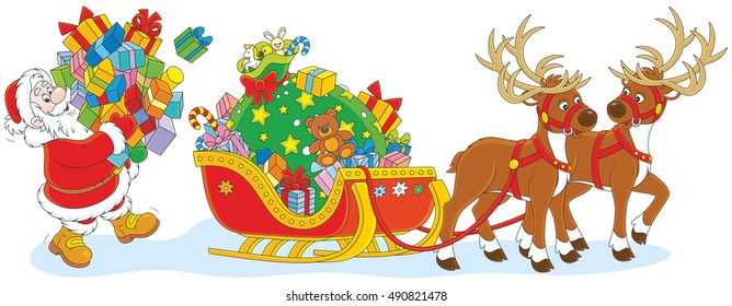 Santa Claus carrying a pile of Christmas gifts to load his sleigh