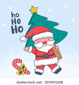 Santa claus carrying pine tree on shoulder and laughing with happiness on christmas day, candy cane with ribbon on floor, cartoon character, vector illustration