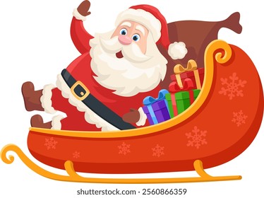 Santa Claus carrying presents on sleigh and waving hand close-up on white background. Christmas character