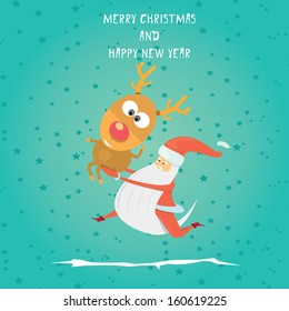 Santa claus carrying reindeer on hand isolated . Vector illustration for christmas card.