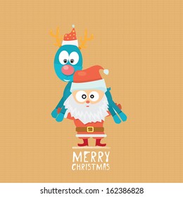 Santa claus carrying reindeer on his hands  . Vector illustration for christmas card design.