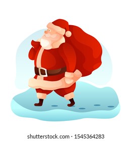 Santa Claus carrying sack flat vector illustration. Xmas, New Year holiday design element. Santa cartoon character on winter landscape. Fairy-tale Father Frost isolated on white background