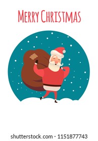 Santa Claus carrying sack full of gifts. Xmas time. Christmas coming. Vector illustration for your web design.