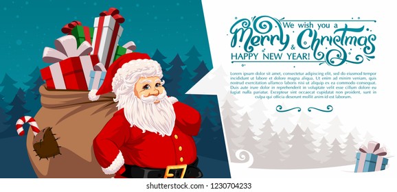Santa Claus carrying sack full of gifts and candys
