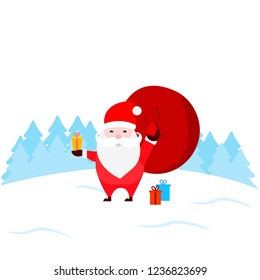 Santa Claus carrying the sack full of gifts standing in the snow on the white background. Holiday concept, vector illustration