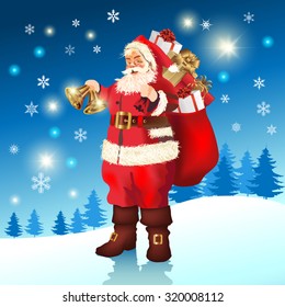Santa Claus carrying sack full of gifts. Vector illustration