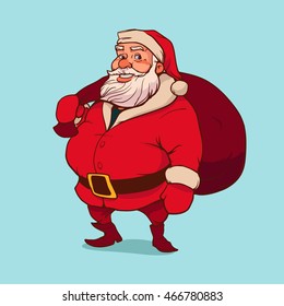 Santa Claus carrying sack full of gifts, happy, cartoon character, vector illustration