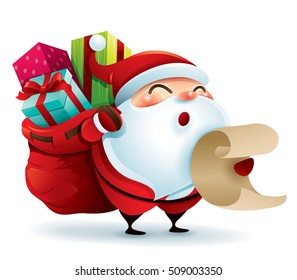 Santa Claus carrying sack full of gifts and holding a list