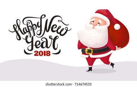 Santa Claus carrying sack full of gifts. Happy New Year typography. Christmas character in cartoon style. Vector illustration.