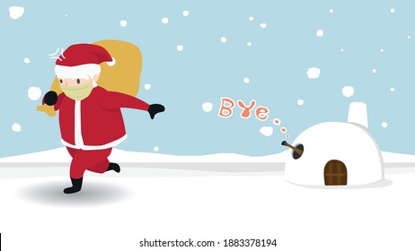 Santa Claus carrying a sack of gifts for the kids alone. With arms of reindeer extending from the snow house With a Bye-bye message.  Reindeer afraid of the coronavirus.