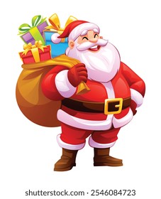 Santa Claus carrying sack of gifts, spreading holiday cheer. Vector cartoon illustration