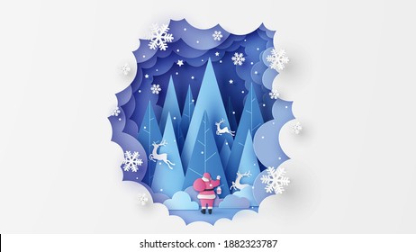 Santa Claus carrying a sack of presents journey into the forest with reindeer flying to sky on Christmas night. Merry Christmas, Happy new year. paper cut and craft style. vector, illustration.