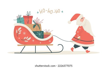 Santa Claus carrying sleigh with present boxes. Ho-Ho-Ho. Merry Christmas, Happy new Year, Winter holidays concept. Vintage vector illustration for greeting card, banner