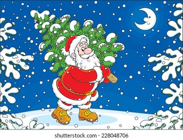 Santa Claus carrying a small fir through a snow-covered forest