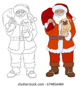 Santa Claus cartoon with bag of gifts and pug dog page for coloring book.