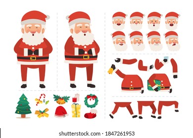 Santa claus cartoon character for animation design with various facial expressions, hand gestures, body and leg movement illustration