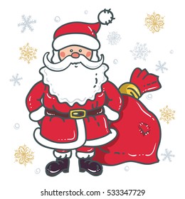 Santa Claus Cartoon Character with bag on the background of snowflakes on a white background. Design for Christmas and New Year. Vector Illustration
