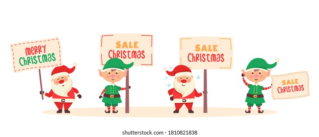 Santa Claus cartoon character with banner. Set of funny happy Santa Claus and elf characters hold a placard with "Merry Christmas" or place for other text. Merry Christmas greeting card. Vector. 