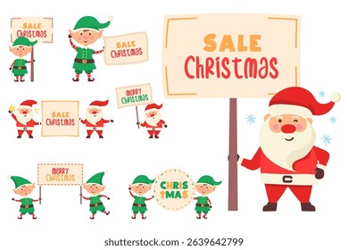 Santa claus cartoon character with beard gift sack hat red suit cute smile present xmas bag snowman postcard vector flat illustration holiday greeting card fun design celebration

