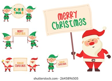 Santa claus cartoon character with beard gift sack hat red suit cute smile present xmas bag snowman postcard vector flat illustration holiday greeting card fun design celebration

