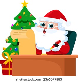 Santa Claus Cartoon Character Checking His Paper Scroll List. Vector Illustration Flat Design Isolated On Transparent Background