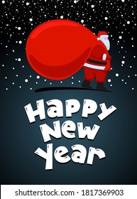 Santa Claus cartoon character coming and carries large heavy gifts red bag. Christmas and Happy New year holiday greeting card. Vector eps celebration poster illustration