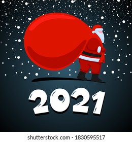 Santa Claus cartoon character coming and carries large heavy gifts red bag. Christmas and Happy New 2021 year holiday greeting card on night background. Vector celebration calendar poster illustration