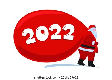 Santa Claus cartoon character coming and carries large heavy gifts red bag. Christmas and Happy New year 2022 holiday greeting card on white background. Vector celebration calendar poster illustration