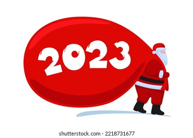 Santa Claus cartoon character coming and carries large heavy gifts red bag. Christmas and Happy New year 2023 holiday greeting card on white background. Vector celebration calendar poster illustration