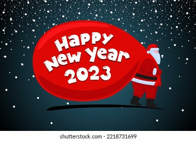 Santa Claus cartoon character coming and carries large huge heavy gifts red bag. Christmas and Happy New year 2023 inscription holiday greeting card. Vector eps flat celebration poster illustration