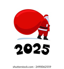 Santa Claus cartoon character coming and carries large heavy gifts red bag. Christmas and Happy New year 2024 holiday greeting card on white background. Annual celebration calendar eps illustration