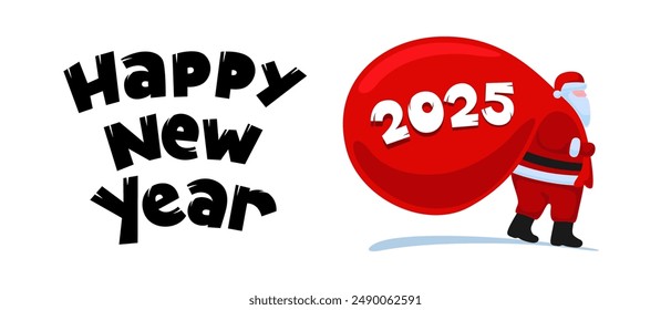 Santa Claus cartoon character coming and carries large huge heavy gifts red bag. Christmas and Happy New year 2025 holiday greeting card. Celebration horizontal banner. Eps