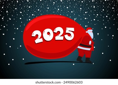 Santa Claus cartoon character coming and carries large heavy gifts red bag. Christmas and Happy New year 2025 holiday snowy greeting card. Vector eps celebration calendar banner illustration