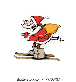 Santa Claus Cartoon character. Cute Father Christmas on ski carrying sack with gifts.  Freehand man silhouette. X-mas holiday symbol. Template for happy new year card. Vector Illustration