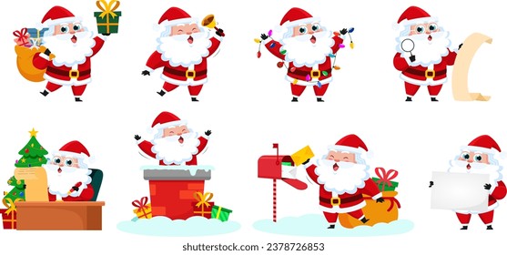 Santa Claus Cartoon Character In Different Poses. Vector Flat Design Collection Set Isolated On Transparent Background